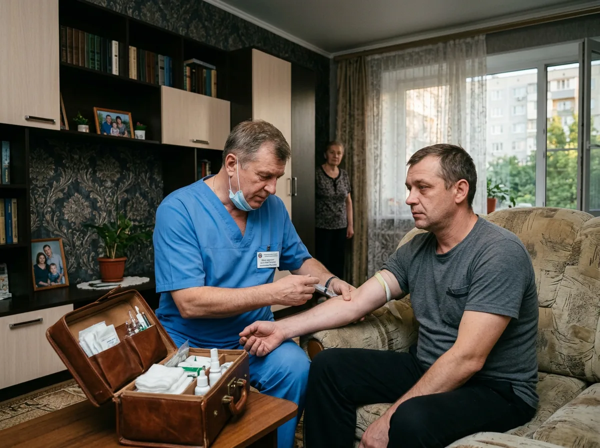 Врач-нарколог проводит кодирование от алкоголизма на дому у пациента в Краснодаре, инъекция, медицинская процедура